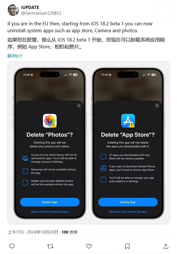 龙湾苹果手机维修分享iOS 18.2 支持删除 App Store 应用商店 