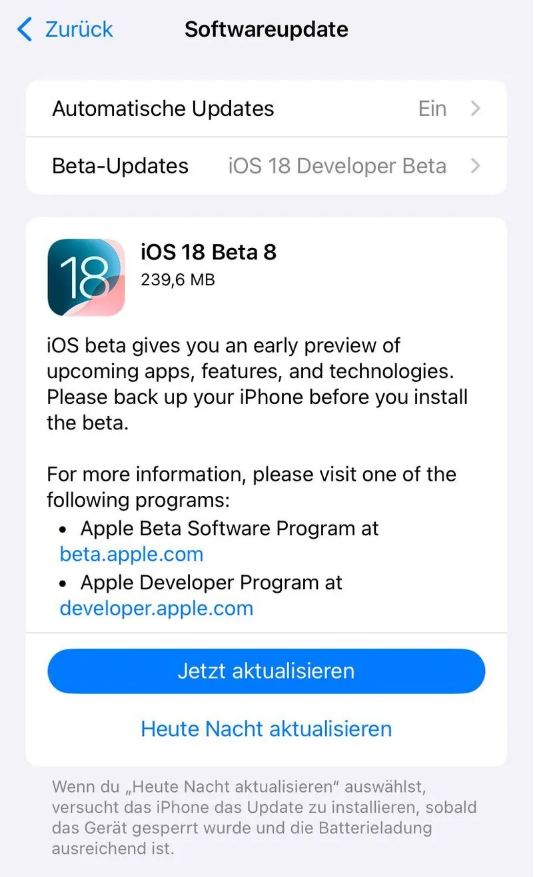 龙湾苹果手机维修分享苹果 iOS / iPadOS 18 开发者预览版 Beta 8 发布 